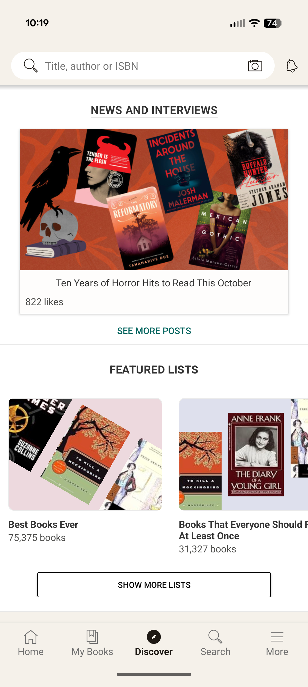screenshot of the discover page of goodreads