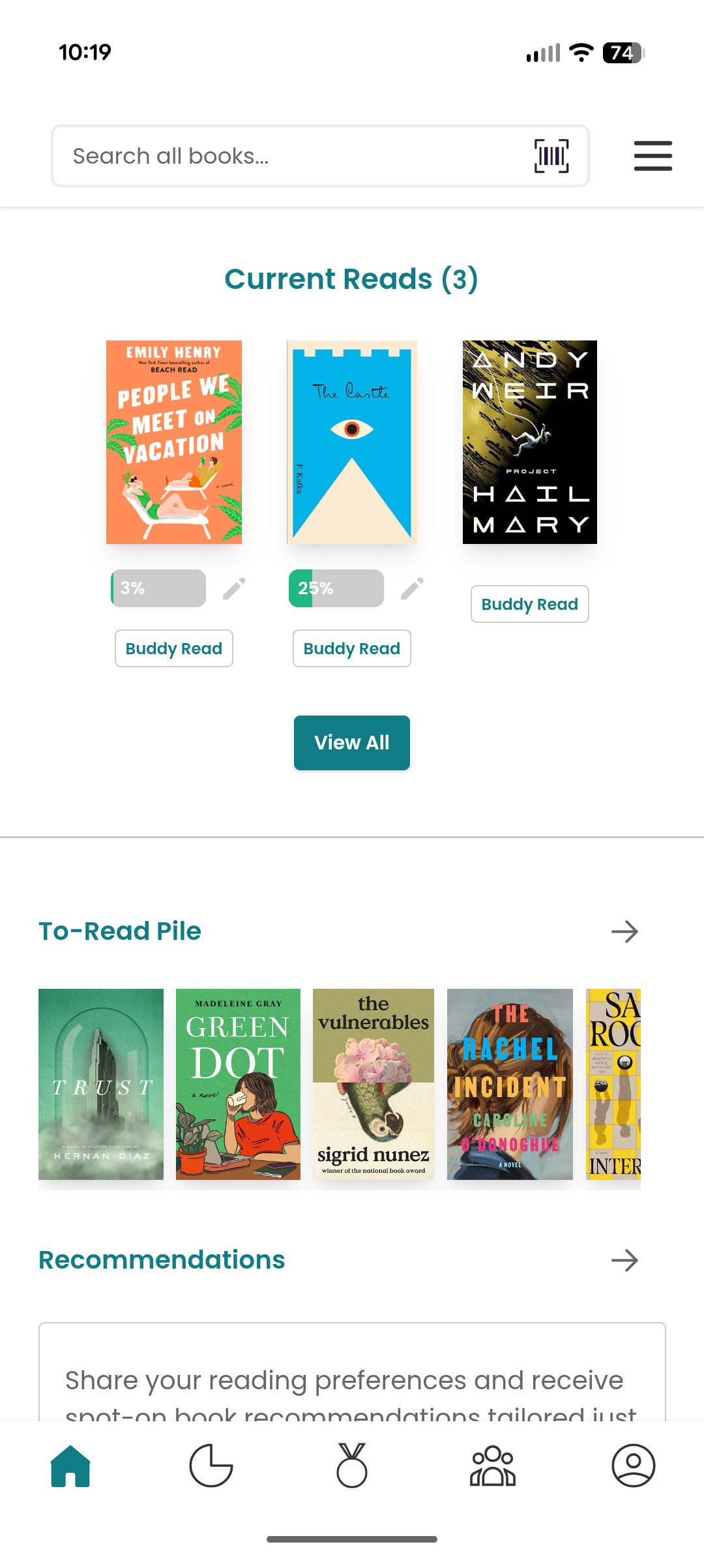 screenshot of the home page of storygraph
