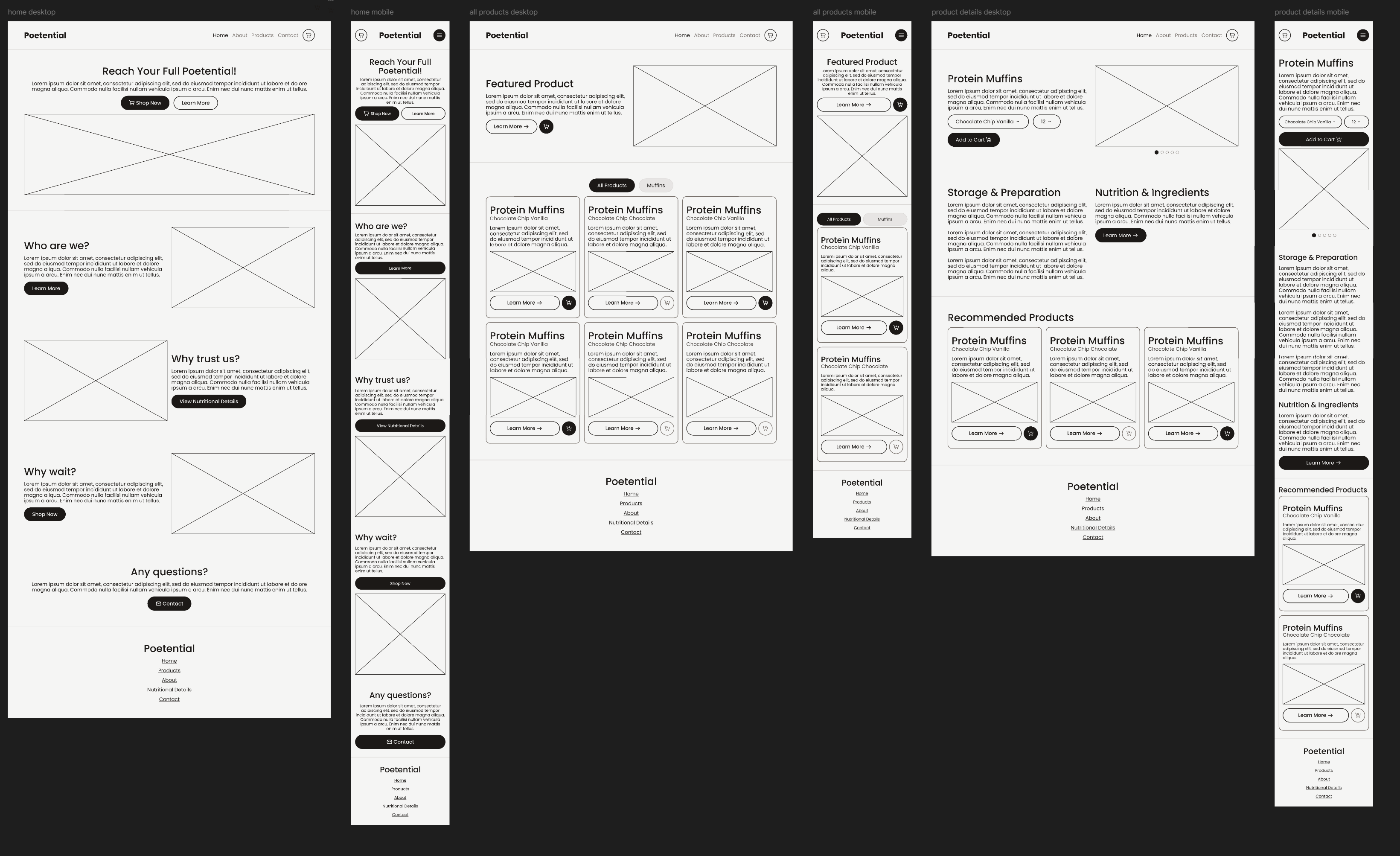 initial wireframe sketches of poetential, showing 3 different mobile and desktop wireframes in the early stage of the process.