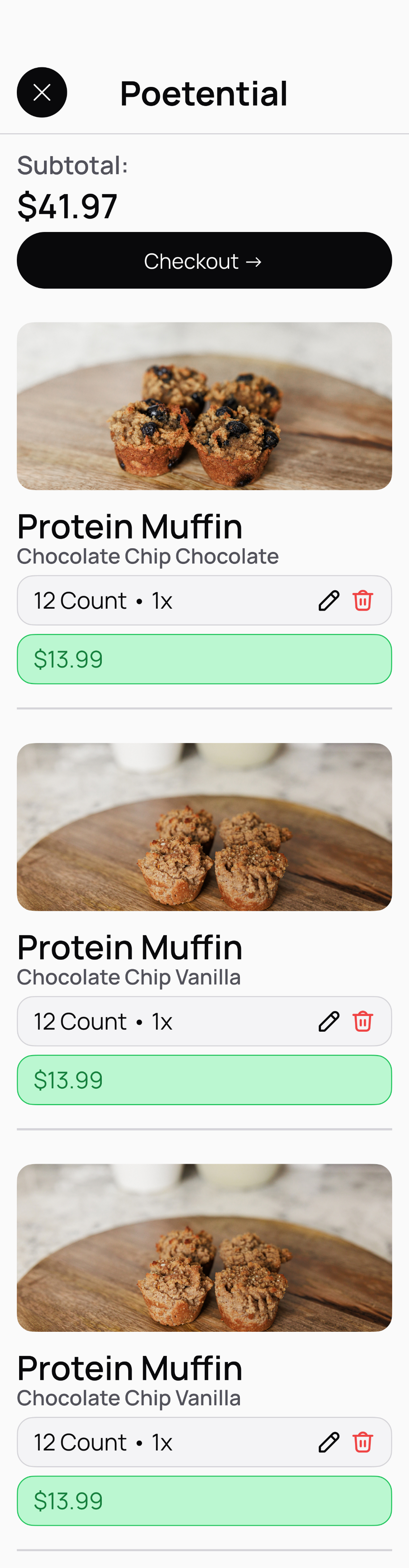 wireframe of the cart page of poetential