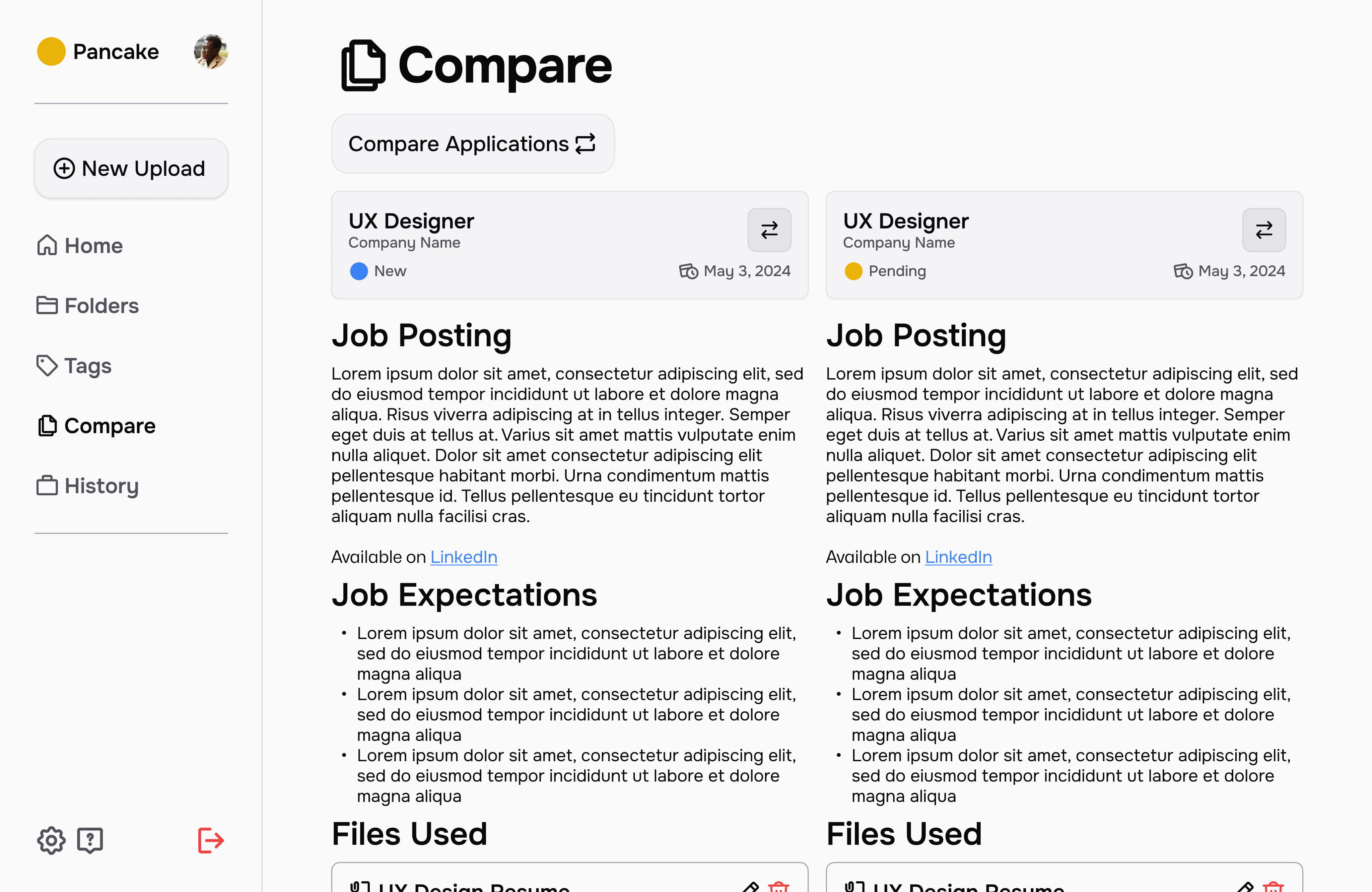 wireframe of the history page of pancake