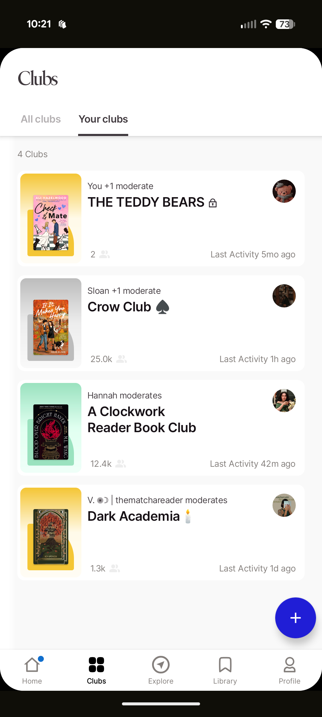 screenshot of the clubs page of fable